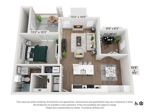 A 3D floor plan of a small apartment with a kitchen, living room, and bedroom.